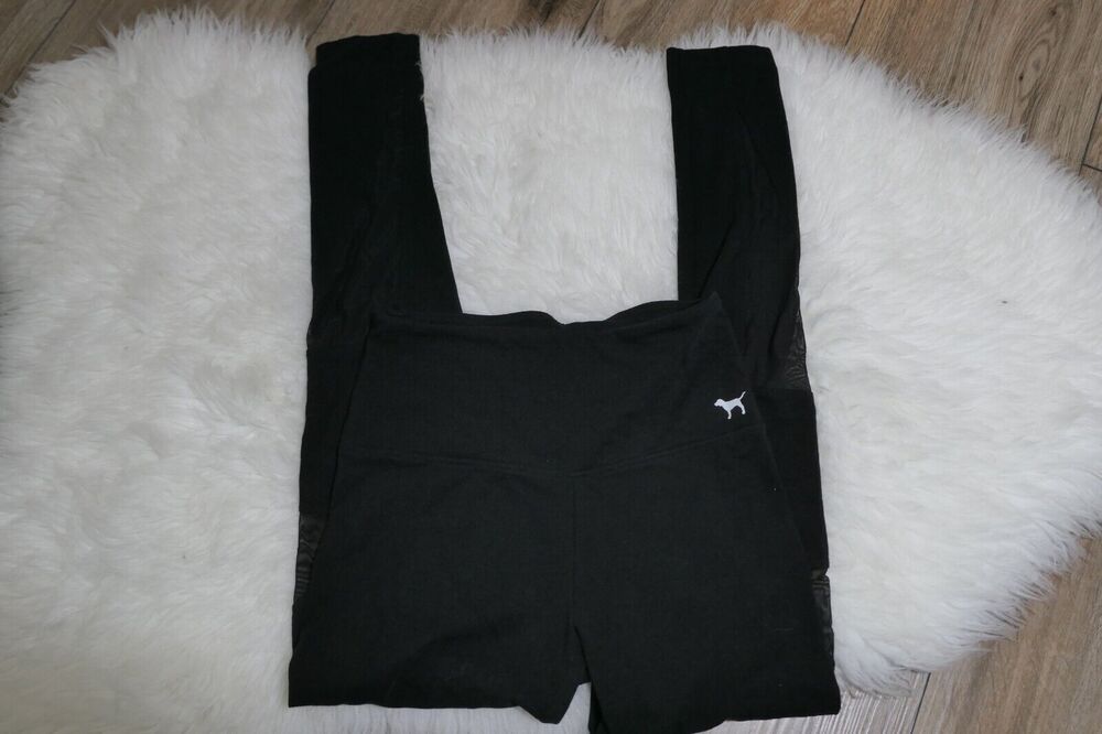 Victorias Secret PINK Leggings Sz XS Vented Black Yoga Pants Mesh Leg Dog Logo